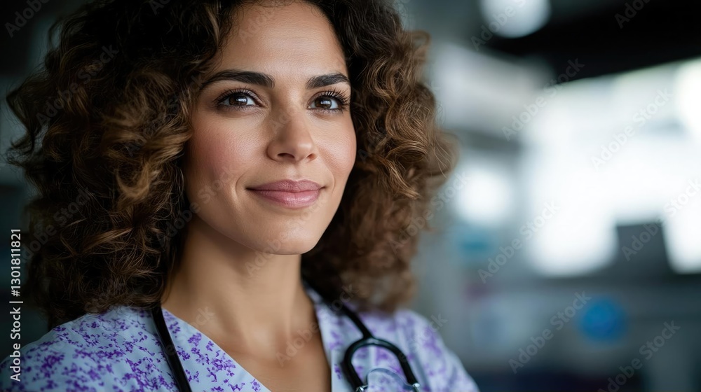 Confident healthcare professional in scrubs with stethoscope in a modern clinic setting Confident healthcare professional in scrubs with stethoscope in a modern clinic setting