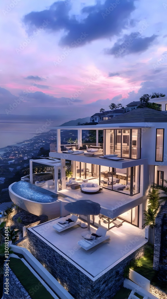 Fototapeta premium 3D Illustration - Luxury Villa, Ocean View, Sunset, Pool, Architecture, Design, Modern, Home, Real Estate, Exterior