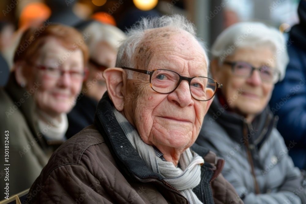 Portrait of an elderly man with glasses on the background of the crowd Portrait of an elderly man with glasses on the background of the crowd