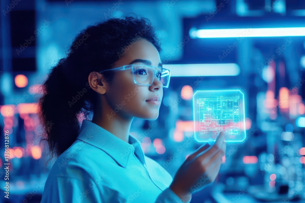 Woman in Glasses Focused on Digital Tablet Featuring Intricate Circuit Design Reflecting Modern Technology and Innovation in a Bright Workspace Environment Woman in Glasses Focused on Digital Tablet Featuring Intricate Circuit Design Reflecting Modern Technology and Innovation in a Bright Workspace Environment