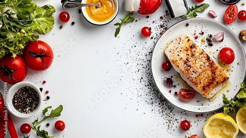 Wallpaper Mural Grilled Salmon with Fresh Vegetables and Herbs on White Background Torontodigital.ca