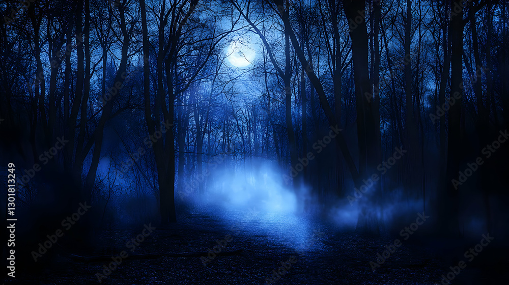 Naklejka premium Illustration - Mystical Night Forest Moonlit Path, Fog, Trees Background