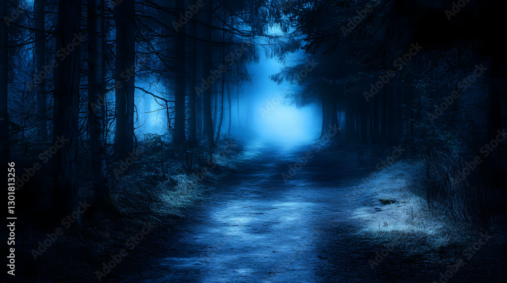 Illustration - Dark Forest Path, Night, Fog, Trees, Mystery, Blue, Moody, Eerie, Spooky, Fantasy Illustration - Dark Forest Path, Night, Fog, Trees, Mystery, Blue, Moody, Eerie, Spooky, Fantasy