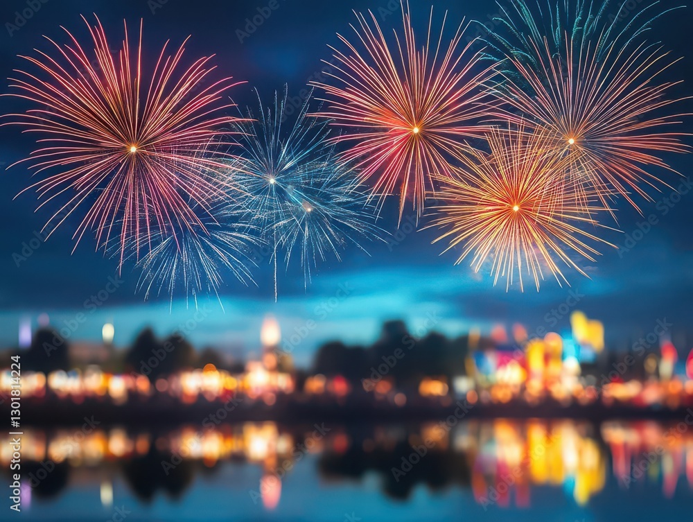 Vibrant Fireworks Illuminating Night Sky Over Cityscape Creating a Festive Atmosphere with Colorful Explosions and Sparkling Light Reflections Vibrant Fireworks Illuminating Night Sky Over Cityscape Creating a Festive Atmosphere with Colorful Explosions and Sparkling Light Reflections