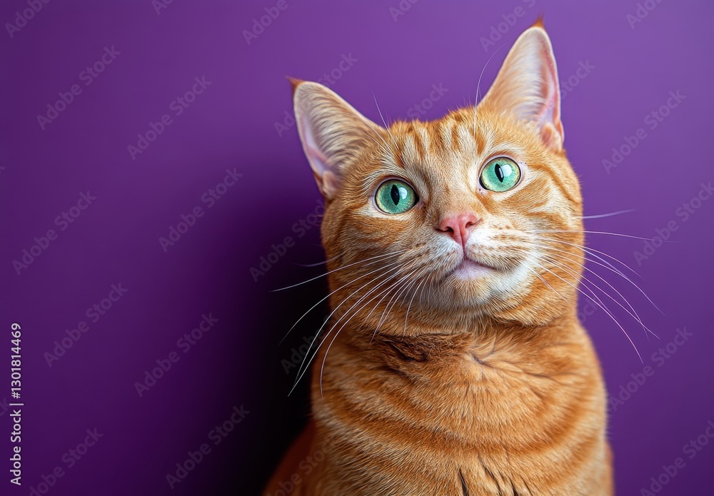 Orange tabby cat with striking green eyes gazing towards the camera against a vibrant purple background expressing curiosity and charm Orange tabby cat with striking green eyes gazing towards the camera against a vibrant purple background expressing curiosity and charm