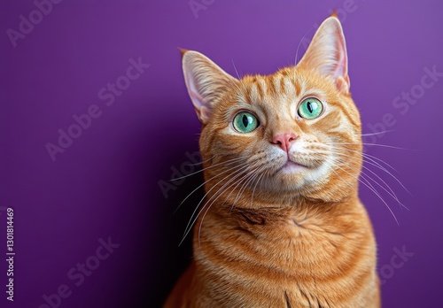 Orange tabby cat with striking green eyes gazing towards the camera against a vibrant purple background expressing curiosity and charm
