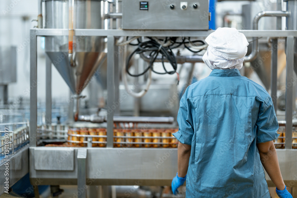 Inspector checking automated machinery in food production facility Focus on quality control safety and workflow efficiency. Worker overseeing food packaging machinery in a modern manufacturing plant. Inspector checking automated machinery in food production facility Focus on quality control safety and workflow efficiency. Worker overseeing food packaging machinery in a modern manufacturing plant.