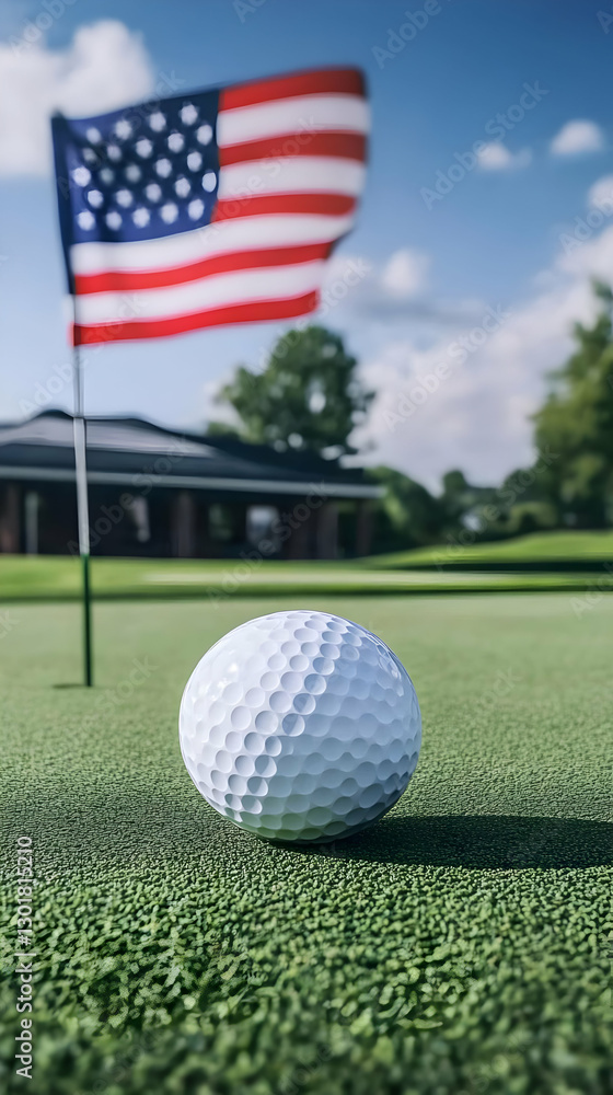Obraz premium Realistic Image Golf Ball on Green with Flag