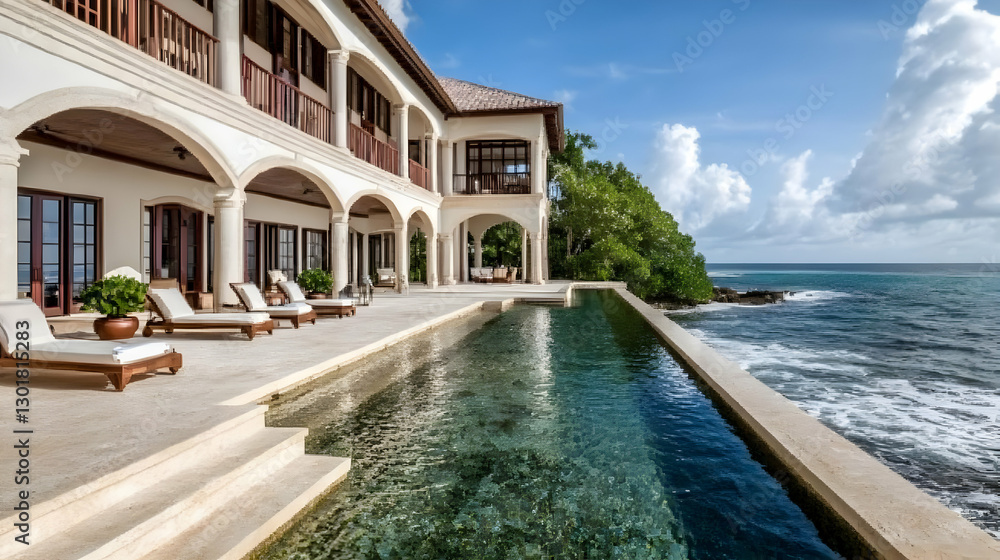 Fototapeta premium Photo Luxury Oceanfront Villa, Pool, Archways, Terrace, Coastline, Clouds, Sky, Travel, Relaxation