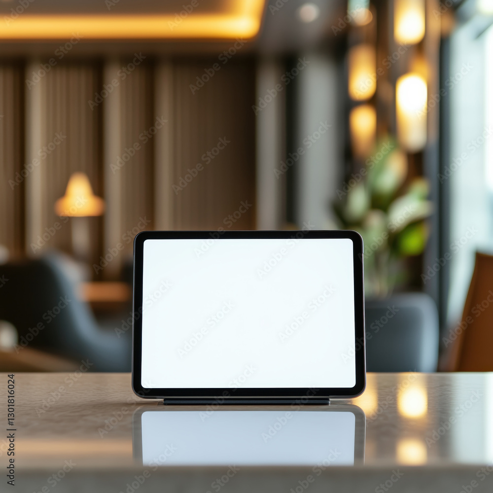A small tablet with white mock up screen on a reception desk in a modern hotel A small tablet with white mock up screen on a reception desk in a modern hotel