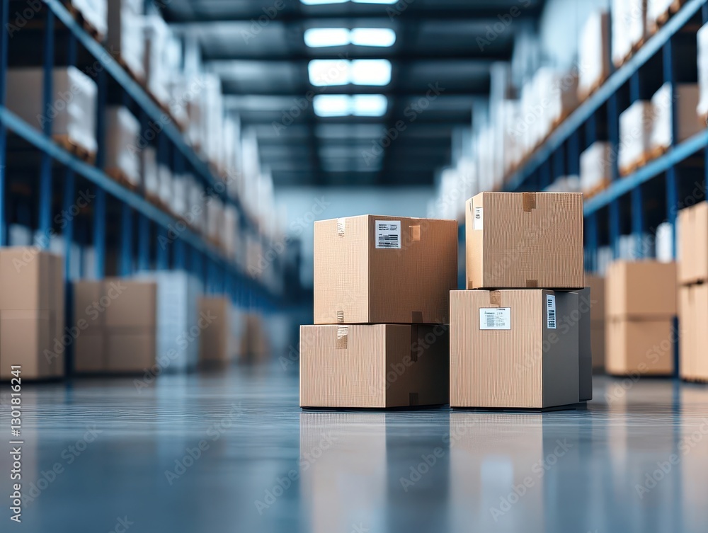 Spacious Warehouse Interior Featuring Stacked Boxes on Concrete Floor with Soft Lighting Creating a Utilitarian and Industrial Atmosphere of Storage Spacious Warehouse Interior Featuring Stacked Boxes on Concrete Floor with Soft Lighting Creating a Utilitarian and Industrial Atmosphere of Storage