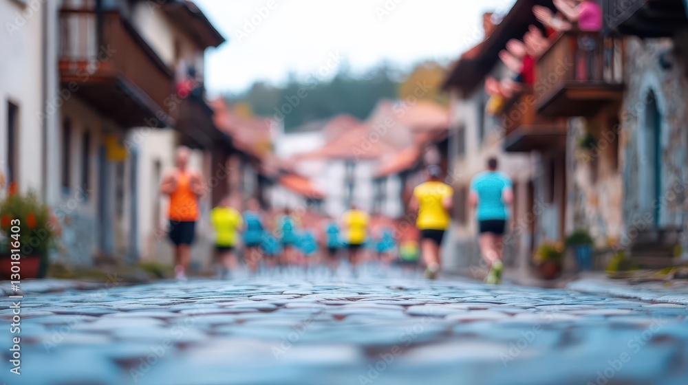 Fototapeta premium Dynamic Scene of Energetic People Running Together in an Urban Setting on a Paved Street Capturing the Spirit of Fitness and Community Engagement
