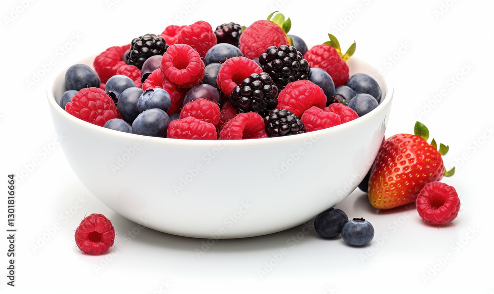Fresh mixed berries in white bowl, including raspberries, blueberries, and blackberries, create vibrant and healthy snack option Fresh mixed berries in white bowl, including raspberries, blueberries, and blackberries, create vibrant and healthy snack option