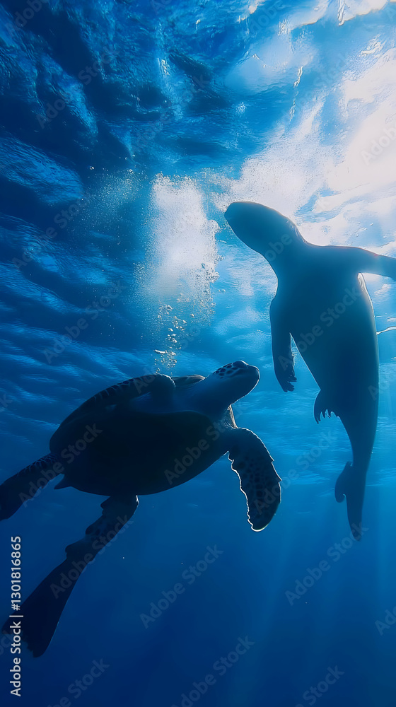 Obraz premium Photo - Ocean Harmony Wildlife Turtle Seal Underwater Sunlight Deep Blue