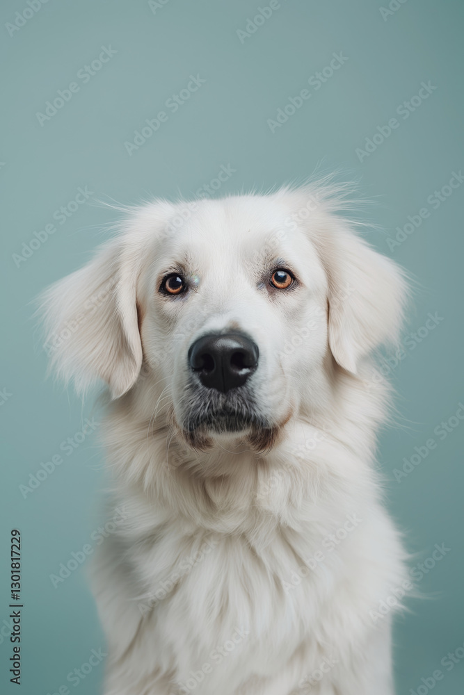 Fototapeta premium Kuvasz dog on minimalistic colorful background with Copy Space. Perfect for banners, veterinary ads, pet food promotions, and minimalist designs.