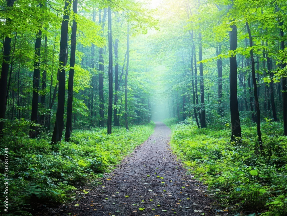 Obraz premium Enchanting Pathway Winding Through Lush Green Forest Surrounded by Tall Trees and Dappled Sunlight Creating a Peaceful and Inviting Atmosphere