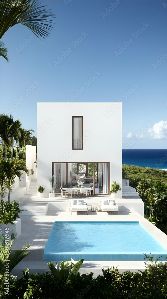 Fototapeta premium 3D Illustration Modern Villa Ocean View Pool Palm Trees Tropical Luxury Home