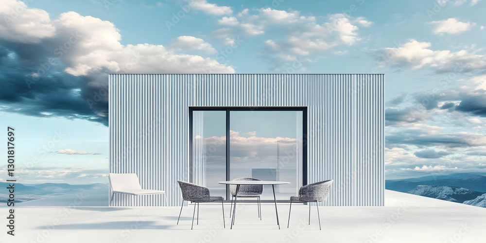 Obraz premium 3D Illustration Modern Minimalist Architecture, Sky View, Mountain View, Terrace