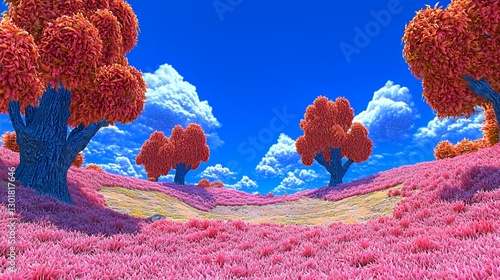 Pixel Art Landscape with Pink and Red Trees and Hills under a Blue Sky