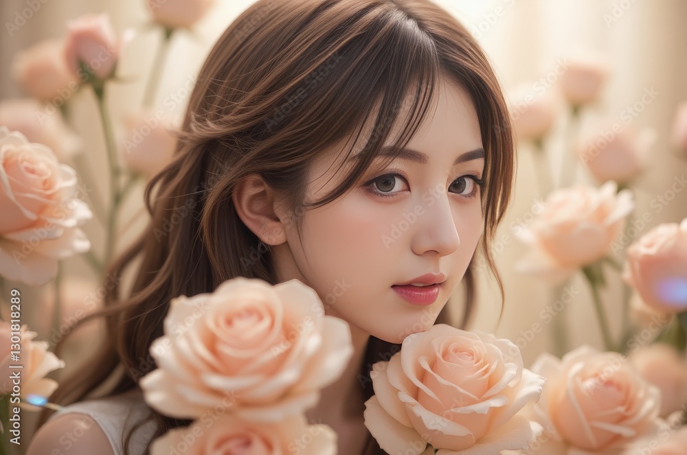 Naklejka premium Dreamy Asian Woman Portrait in Peach Rose Garden: Serene Beauty & Floral Romance