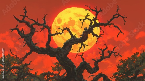 Pixel Art of a Dead Tree Silhouetted Against a Large Orange Moon and Red Sky