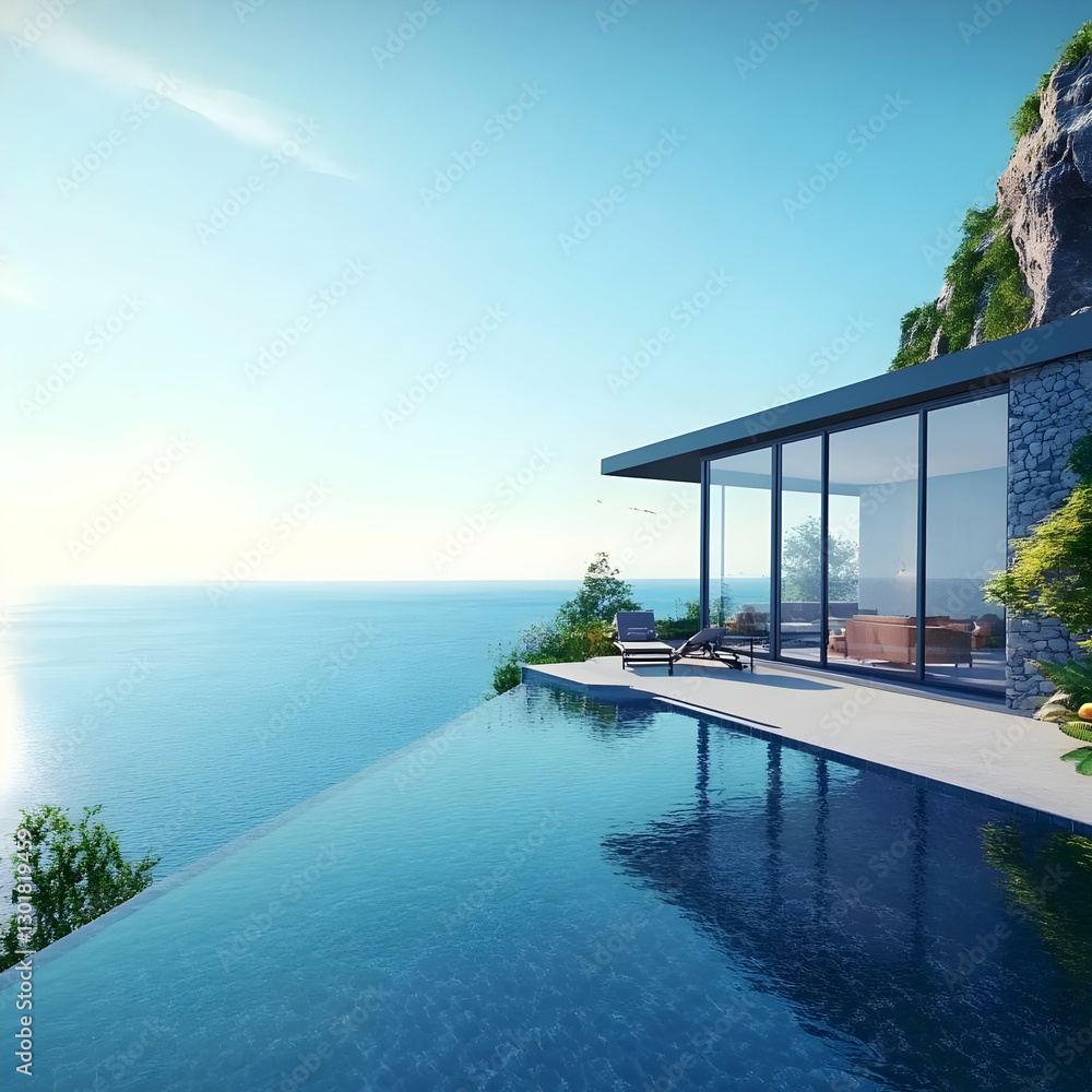 Fototapeta premium 3D Illustration Cliffside House Ocean View Infinity Pool Luxury Home Architecture Design Real Estate