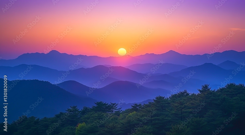 Obraz premium Sunrise over the hill among the green trees,