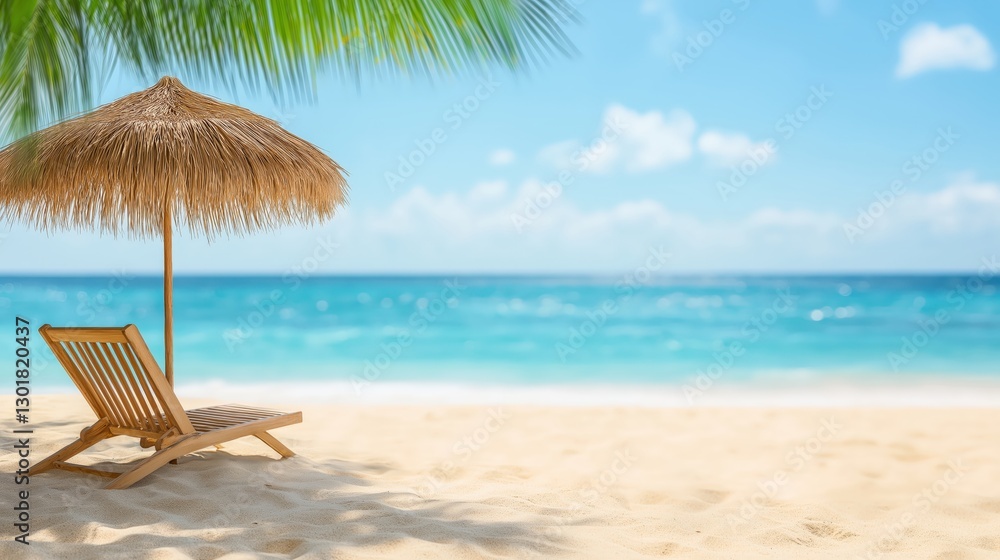 Fototapeta premium A relaxing beachside scene with a wooden lounge chair under a straw umbrella, overlooking the clear blue ocean