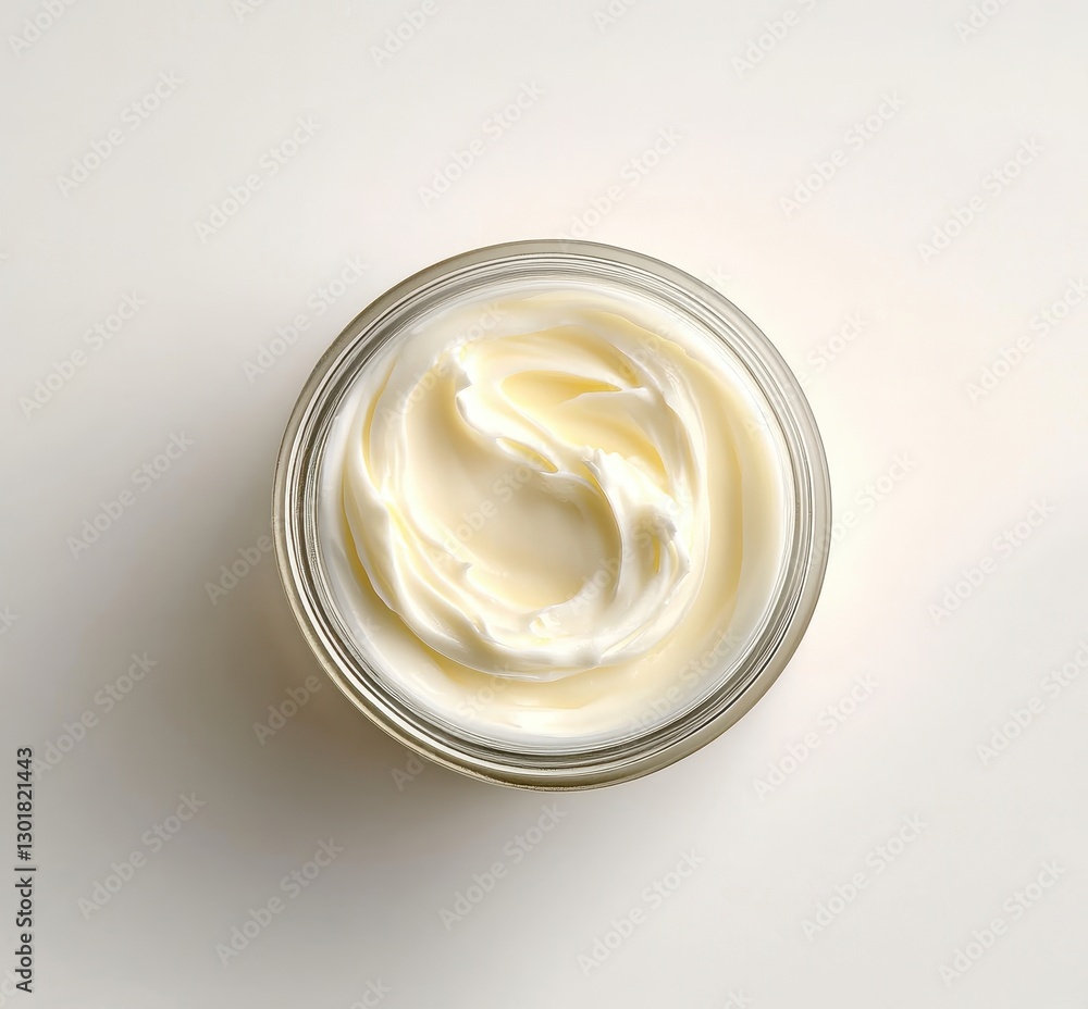 Smooth and Creamy Natural Moisturizer in a Glass Jar with Swirls on White Background for Skincare and Beauty Product Promotion Smooth and Creamy Natural Moisturizer in a Glass Jar with Swirls on White Background for Skincare and Beauty Product Promotion