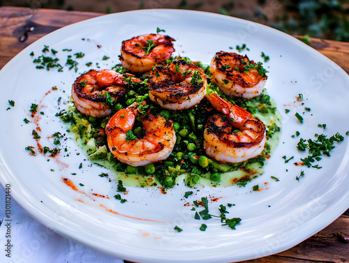 Photo Grilled Shrimp, Peas,...