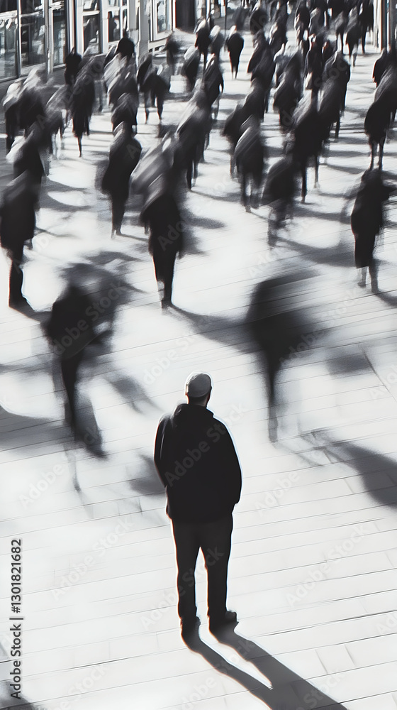 Obraz premium Illustration - Crowd, City, Street, Alone, Man, Walking, People, Urban, Shadows, Abstract