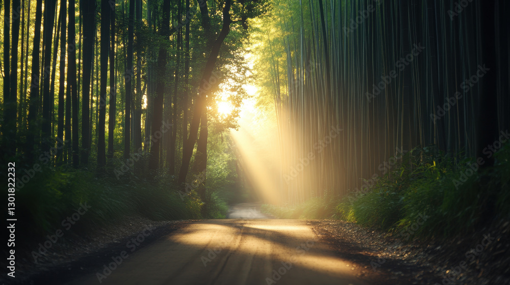 Fototapeta premium serene road through bamboo forest with sunlight filtering through trees, creating tranquil atmosphere.