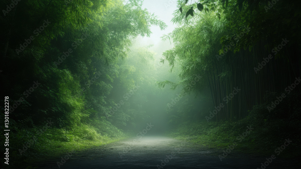 Obraz premium Tranquil bamboo grove with mist rising in morning light, creating serene atmosphere.