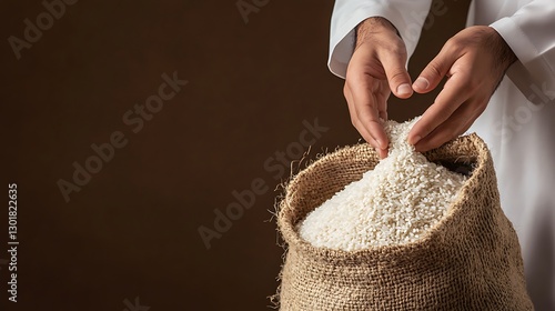 Muslim Man is Grabing Rice on Sack on Right Side of Brown Background : Suitable for Be Used in Blog Posts, Social Media Posts or Website Content Related to Food, Agriculture dan Islamic Theme.
