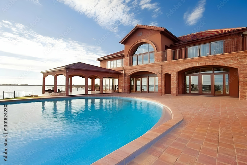 Fototapeta premium Photo Luxury Lakeside Home, Pool, Patio, Sky, Clouds, Architecture, Real Estate, Home, House