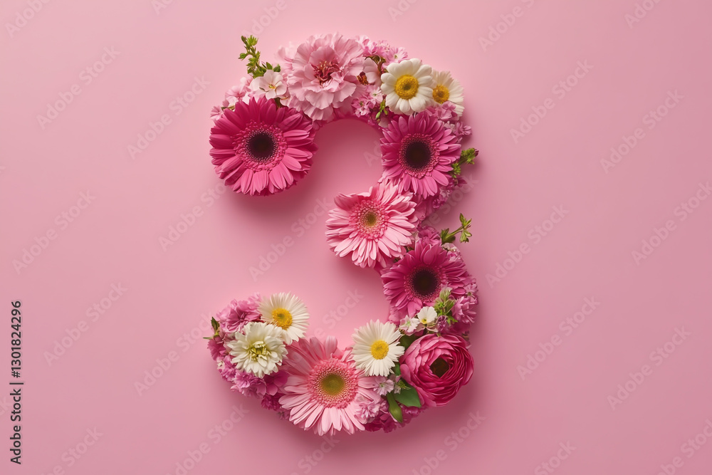 The number 3 made of flowers on a pink background, a minimal concept studio shot with a pastel color palette The number 3 made of flowers on a pink background, a minimal concept studio shot with a pastel color palette