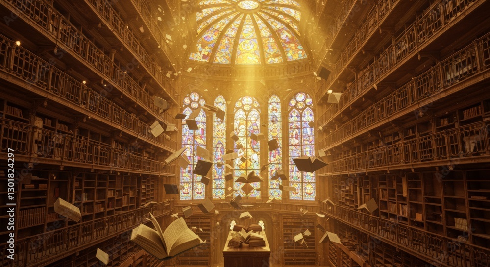 Obraz premium Ancient Library: A magnificent library with towering bookshelves, sunlit stained-glass windows, and scattered books creates a magical, ethereal scene.