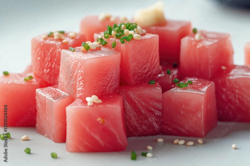 Fresh Tuna Sushi Cubes - Elegant Japanese Cuisine with Wasabi and Green Onion Garnish Fresh Tuna Sushi Cubes - Elegant Japanese Cuisine with Wasabi and Green Onion Garnish