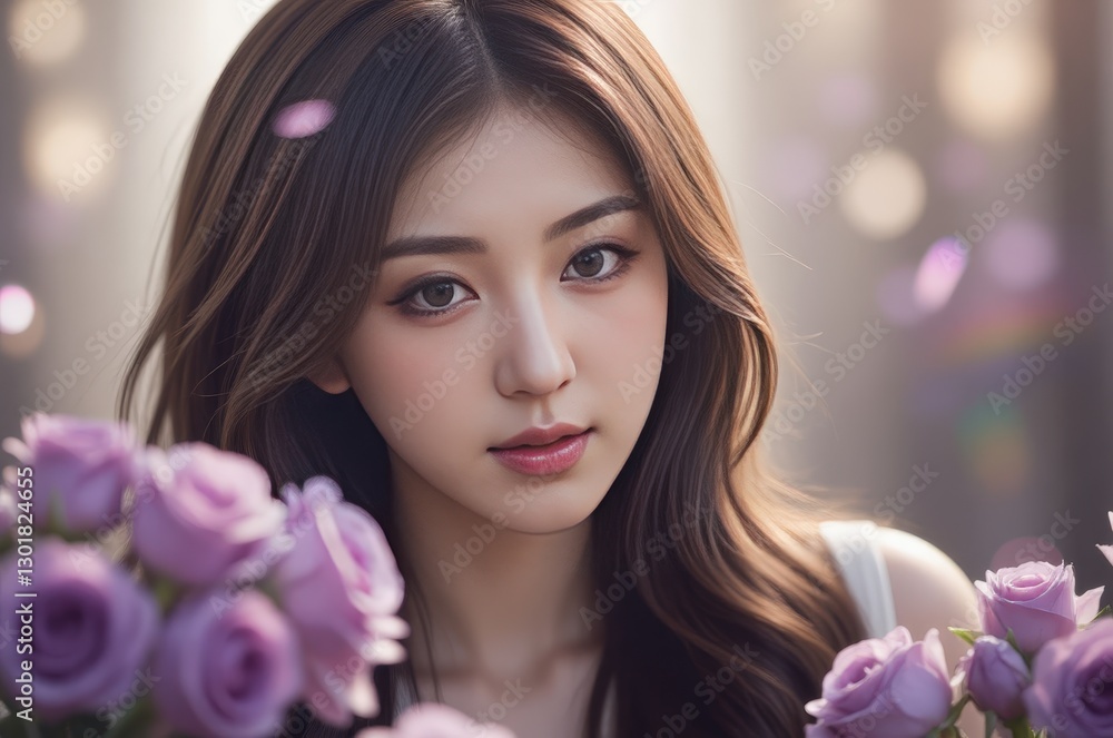 Naklejka premium Charming Asian Woman with Purple Roses: Beauty, Femininity, and Spring Romance