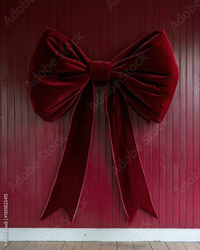 large, luxurious red velvet bow adorns deep red wall, creating striking and festive atmosphere. rich texture and color evoke sense of elegance and celebration