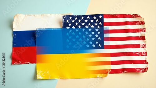 Geopolitical Tensions and Alliances flags of usa and Russia and Ukraine 