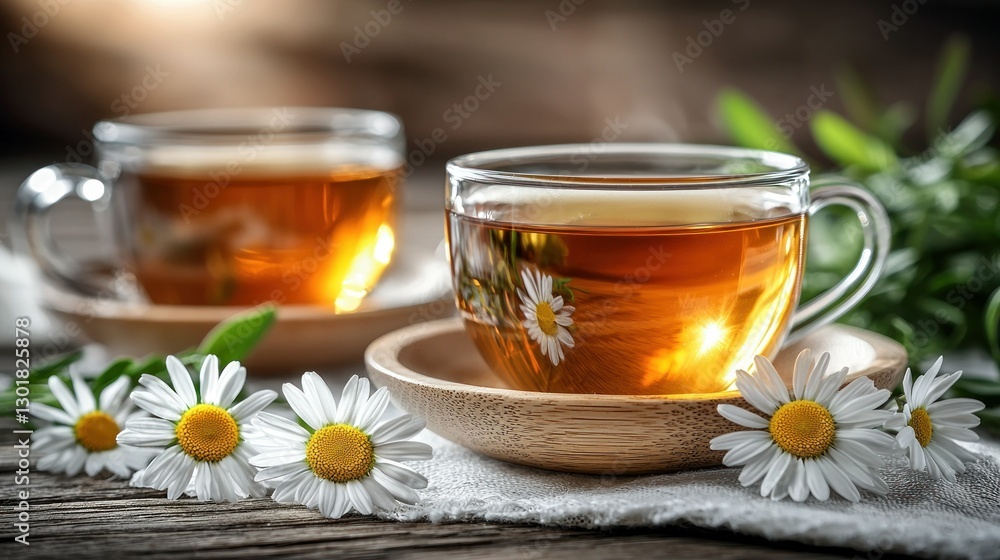 Herbal Tea steaming in clear cups with daisies on a wooden surface, blurred herbs Herbal Tea steaming in clear cups with daisies on a wooden surface, blurred herbs
