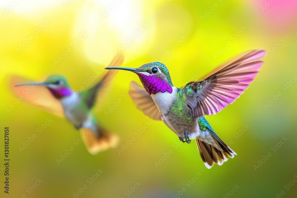 Fototapeta premium Two vibrant hummingbirds in flight, blurred background.