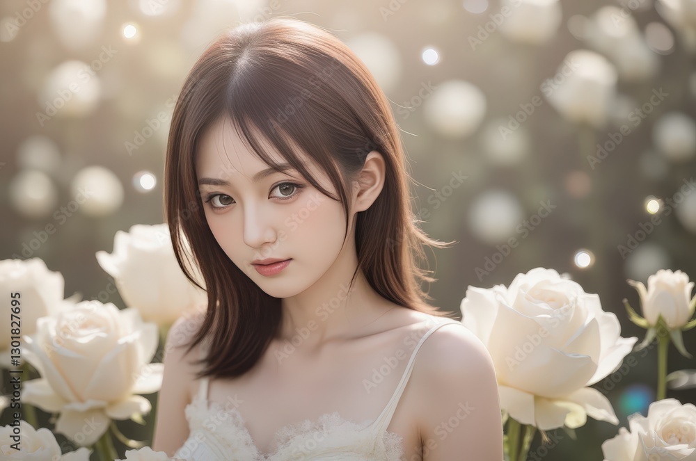 Naklejka premium Ethereal Beauty in White Roses: Portrait of a Young Asian Woman Amidst Blossoming White Roses, Soft Lighting, Delicate Features, Serene, Dreamy Atmosphere.