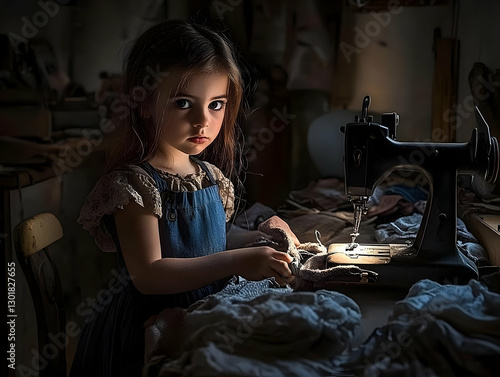 Illustration of Girl Sewing...