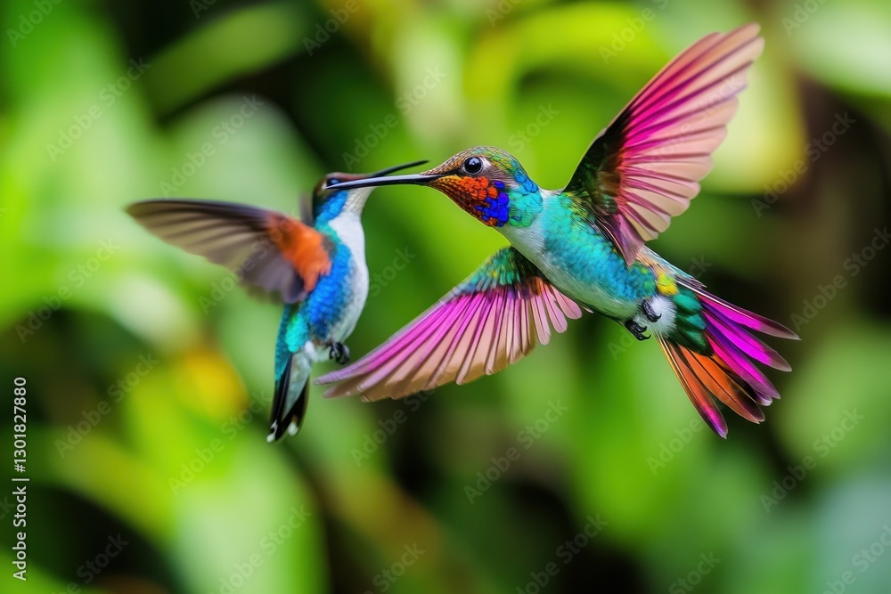 Fototapeta premium Two vibrant hummingbirds in mid-air, one feeding the other.