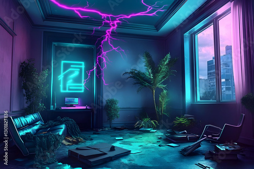 3D Illustration Room Neon L...