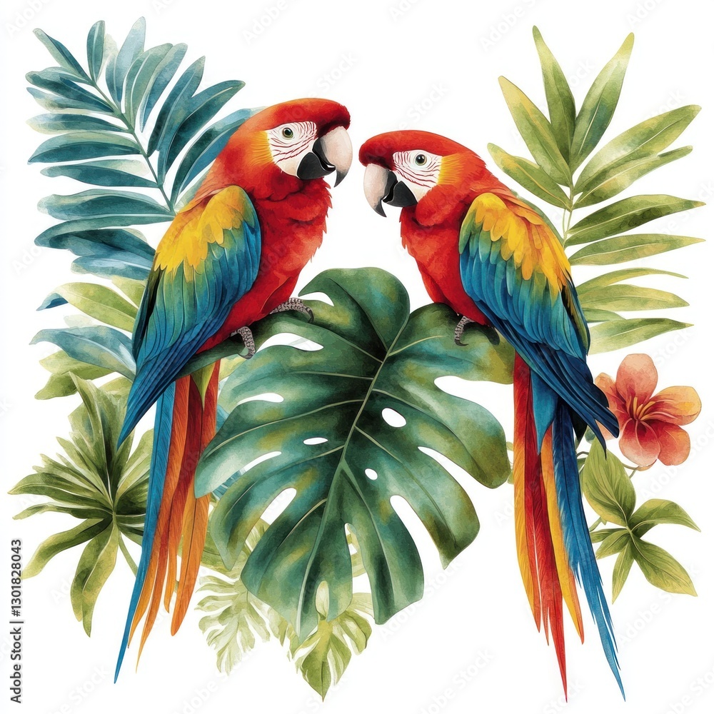 Fototapeta premium Two vibrant macaws perched on tropical leaves.