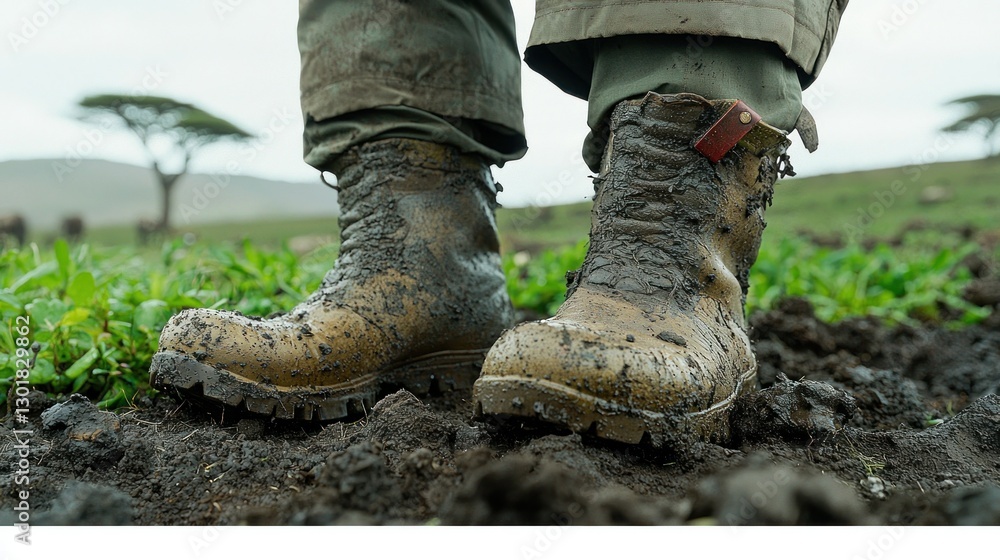 Muddy boots stand in field, grassy plain background, trees in the distance Muddy boots stand in field, grassy plain background, trees in the distance