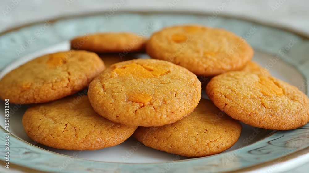 Freshly baked golden cookies arranged on a decorative plate. Freshly baked golden cookies arranged on a decorative plate.